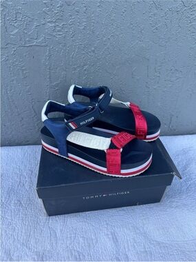 Tommy Hilfiger Platform Sandals Navy Red White Size 6.5 Womens